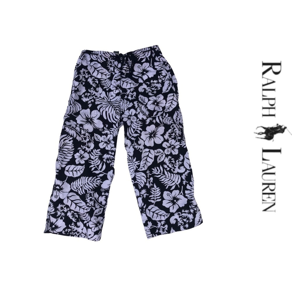Ralph Lauren Vintage 90s Floral tropical Print Capri Pant white black